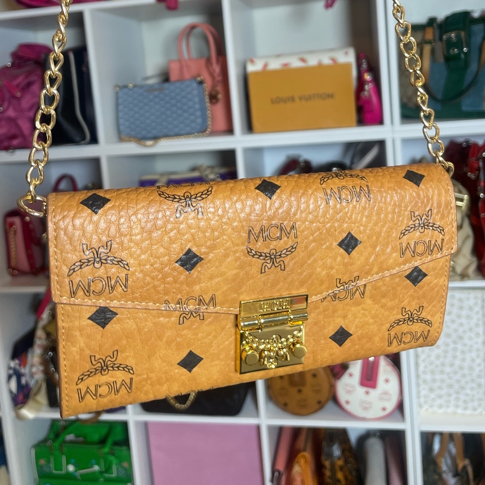 MCM Tracy Wallet in Cognac & Yellow Visetos- Crossbody Wallet NWOT